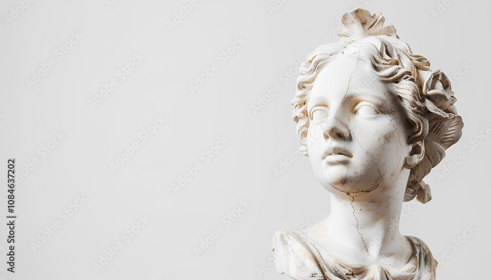 plaster head of an antique girl stands on a pedestal on a white background plaster head of an antique girl stands on a pedestal on a white background