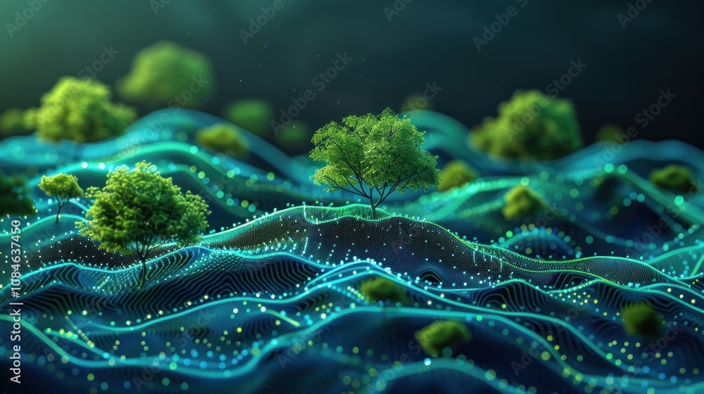 Fototapeta premium Abstract digital landscape with green trees and glowing lines.