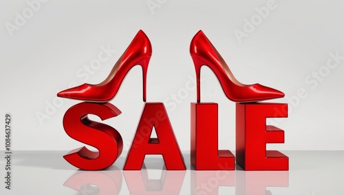 Bold 3d sale text with red highheeled shoes on white background photo