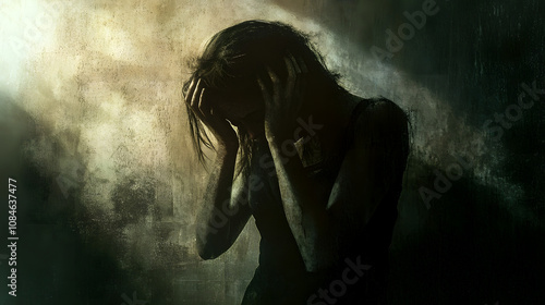 Distressed Woman in a Dark and Gritty Setting Expressing Fear and Despair. Violence on women