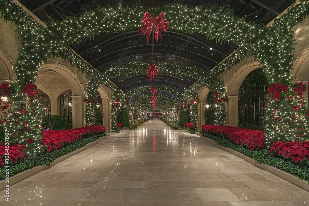 Festive arched walkway adorned with Christmas lights and decorations inside a building. Festive arched walkway adorned with Christmas lights and decorations inside a building.