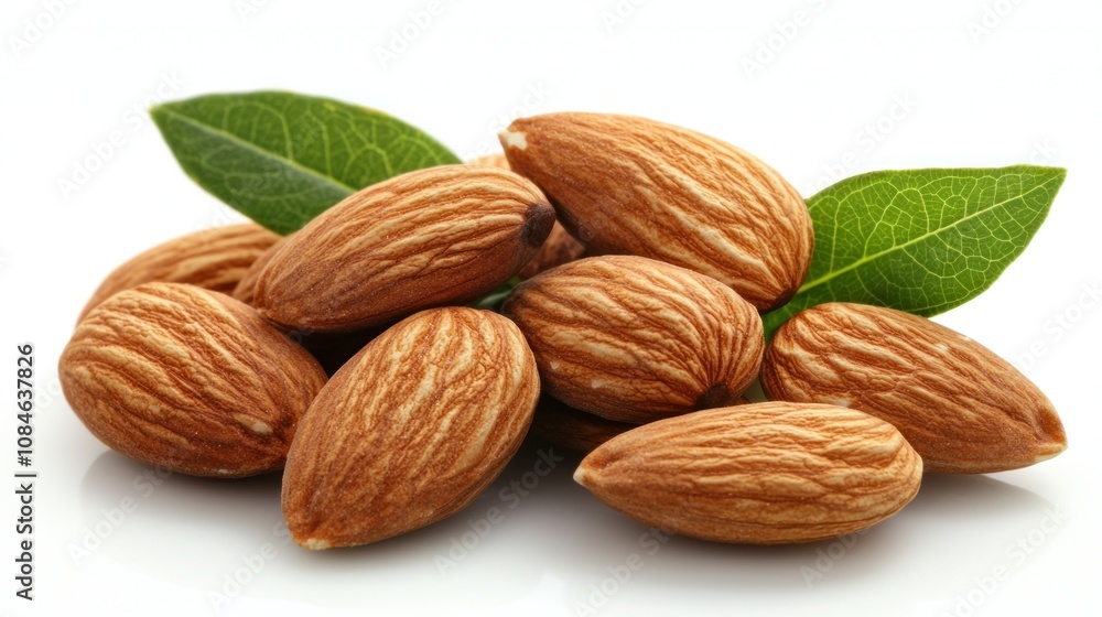 A Group of Almonds with Green Leaves on a White Background A Group of Almonds with Green Leaves on a White Background