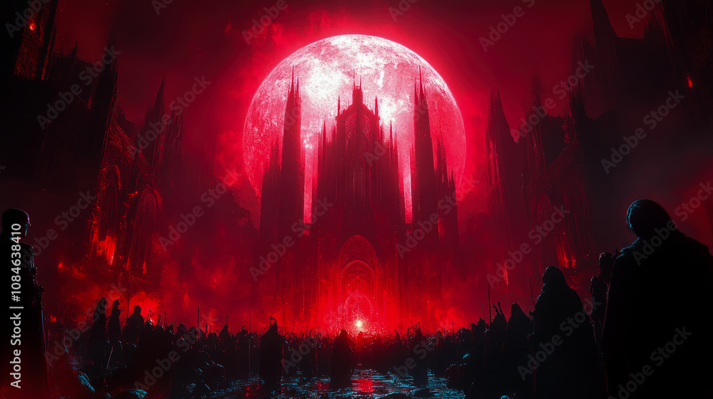 Under the glow of a massive red moon, dark figures assemble near a towering castle, creating a haunting atmosphere in the night sky Under the glow of a massive red moon, dark figures assemble near a towering castle, creating a haunting atmosphere in the night sky