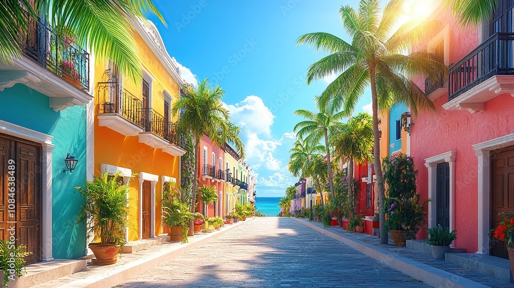 A vibrant street lined with colorful buildings and palm trees near the ocean. A vibrant street lined with colorful buildings and palm trees near the ocean.