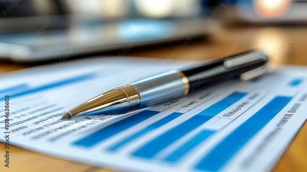 Fototapeta premium A sleek pen lies atop detailed financial reports with blue highlights on a wooden table, indicating active work in progress, possibly during a meeting