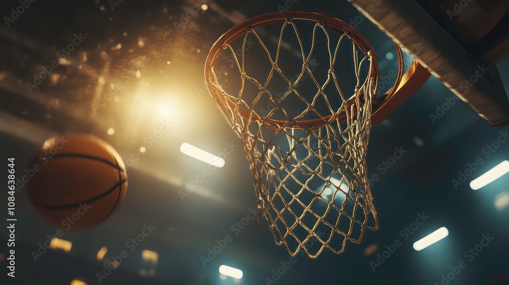 A basketball flying through the air towards the hoop in a brightly lit gymnasium. A basketball flying through the air towards the hoop in a brightly lit gymnasium.