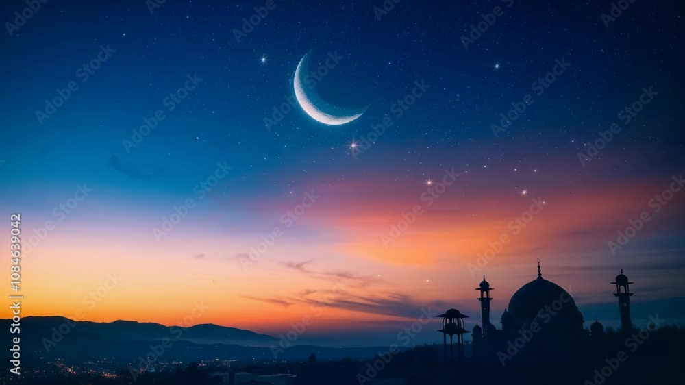 A serene twilight scene featuring a crescent moon, stars, and a silhouette of a mosque. Ramadan background. A serene twilight scene featuring a crescent moon, stars, and a silhouette of a mosque. Ramadan background.