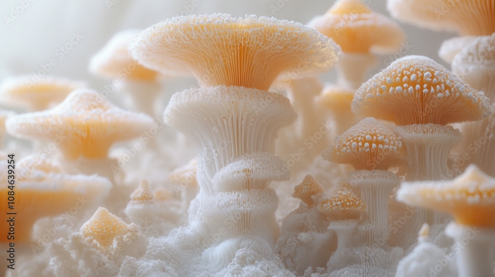 A close-up shot of a cluster of small, pale orange mushrooms with white gills and a soft, white background. A close-up shot of a cluster of small, pale orange mushrooms with white gills and a soft, white background.