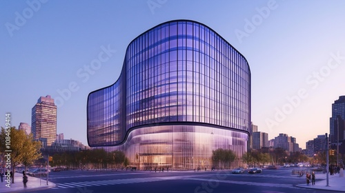 Futuristic Urban Architecture: Modern Glass Building at Sunset in Cityscape