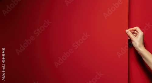 Obraz na płótnie Hand adjusting rolled red paper against darker background