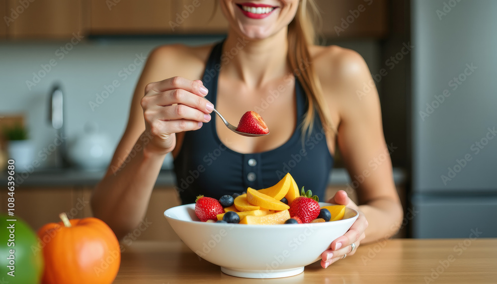 Healthy Fruit Salad Enjoyed by a Woman Healthy Fruit Salad Enjoyed by a Woman