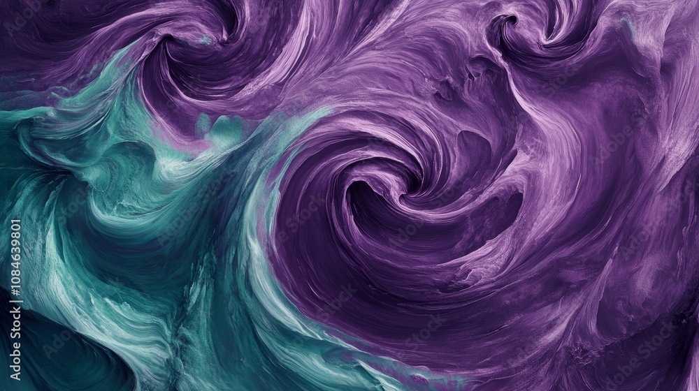 Fototapeta premium Abstract swirling patterns in shades of purple and teal create a mesmerizing visual effect, reminiscent of fluid art