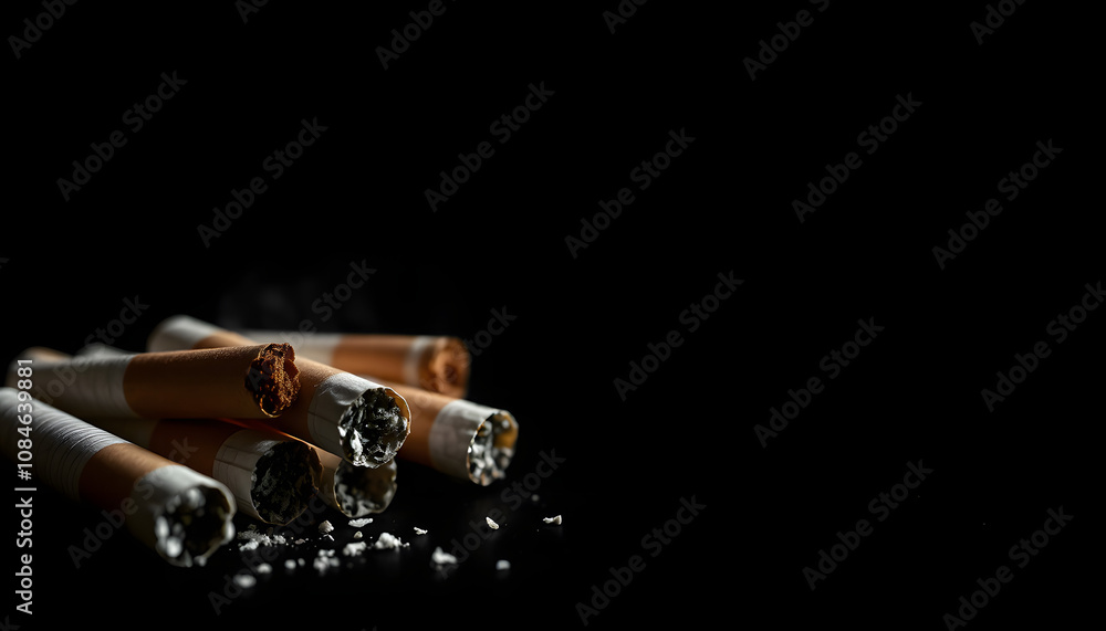 Cigarette butts on a black background with space for text isolated with white highlights, png Cigarette butts on a black background with space for text isolated with white highlights, png