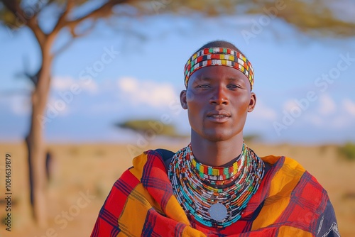 Portrait of a Maasai Warrior in Traditional Attire in African Savanna Landscape photo