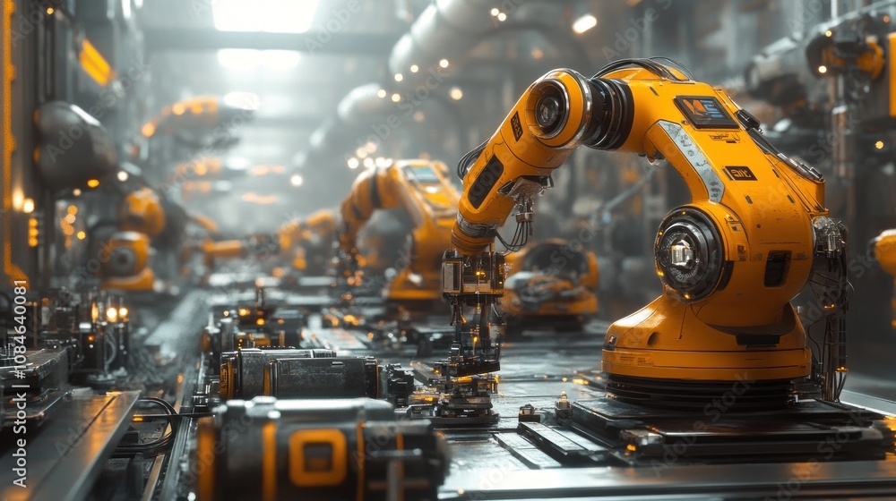 Rows of robotic arms working on a factory production line. Rows of robotic arms working on a factory production line.
