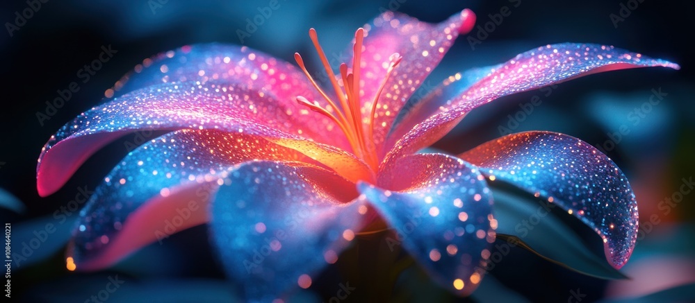 Close-up of a glowing pink and blue lily with dew drops. Close-up of a glowing pink and blue lily with dew drops.