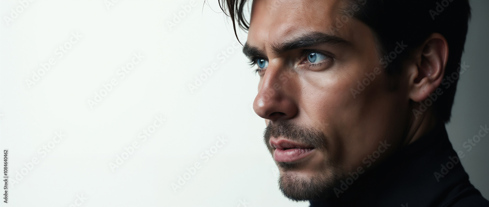 Obraz premium Close-up portrait of a contemplative man with striking blue eyes and dark hair against a neutral background, conveying intensity and focus.