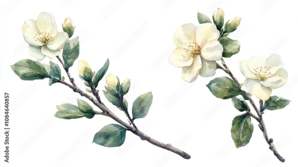 Watercolor Painting of Two White Flowers with Green Leaves and Buds on Branches Watercolor Painting of Two White Flowers with Green Leaves and Buds on Branches
