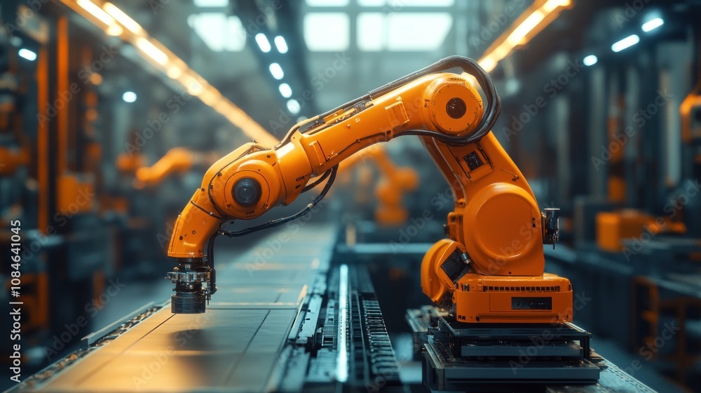An orange robotic arm on a factory production line. An orange robotic arm on a factory production line.