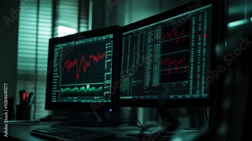 Data analysis in a dimly lit office with multiple monitors displaying financial market graphs