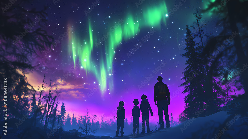 Naklejka premium A family admires the colorful aurora borealis with vibrant green and purple lights in the night sky. Aurora. Illustration