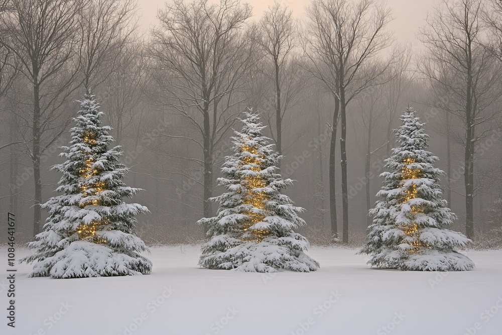 Fototapeta premium Three snow-covered trees in a serene winter forest.