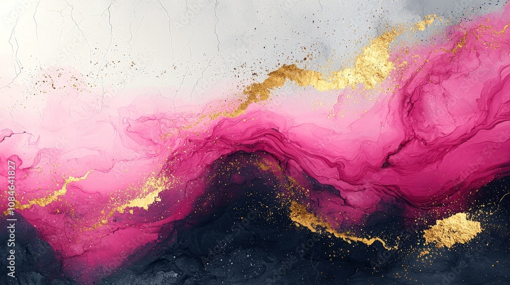 Abstract artwork featuring flowing pink and black hues with gold accents. Abstract artwork featuring flowing pink and black hues with gold accents.