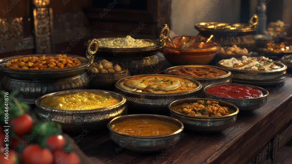 Indian food buffet displaying traditional dishes in metal containers. indian food. Ultra realistic. Photorealistic hypermaximalist advertising photography hyper realistic fine detail Indian food buffet displaying traditional dishes in metal containers. indian food. Ultra realistic. Photorealistic hypermaximalist advertising photography hyper realistic fine detail
