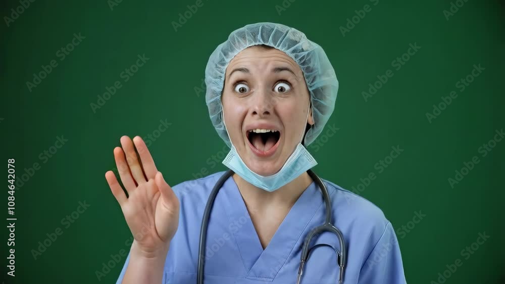 A cheerful healthcare worker in scrubs and a mask, promoting a positive message about health. A cheerful healthcare worker in scrubs and a mask, promoting a positive message about health.