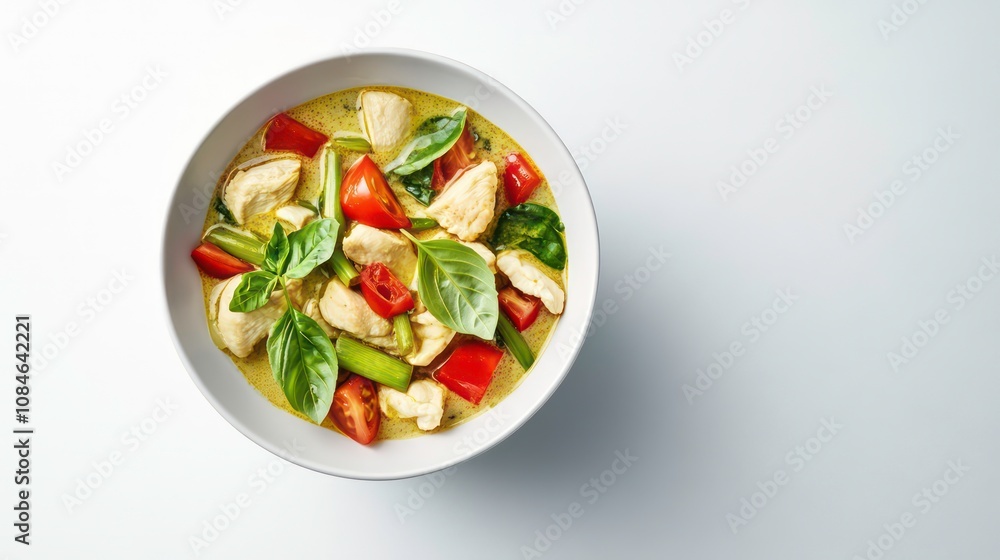A bowl of Thai green curry with chicken, bell peppers, tomatoes, and basil leaves. A bowl of Thai green curry with chicken, bell peppers, tomatoes, and basil leaves.