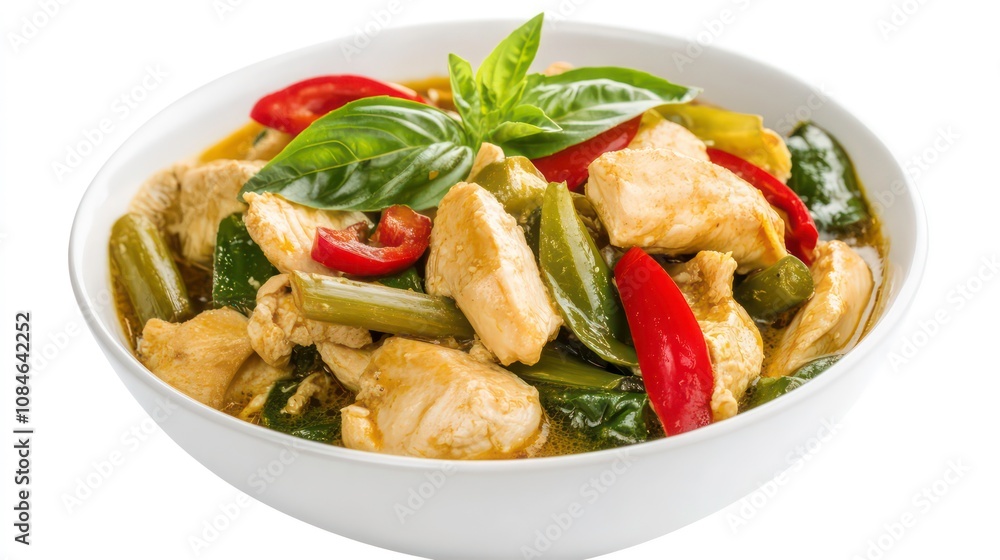 A colorful serving of Green Curry with chicken, bamboo shoots, and Thai basil, arranged in a white bowl on a white background. A colorful serving of Green Curry with chicken, bamboo shoots, and Thai basil, arranged in a white bowl on a white background.