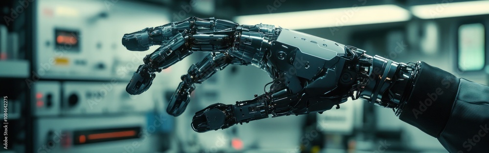 A robotic hand reaches out in a futuristic laboratory setting. A robotic hand reaches out in a futuristic laboratory setting.