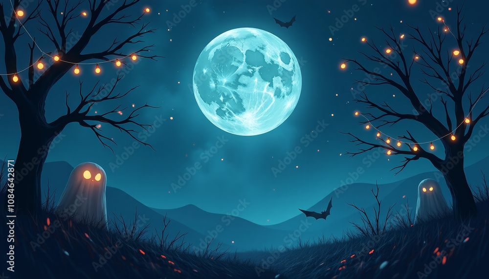 Fototapeta premium Spooky Halloween Night Landscape with Ghost