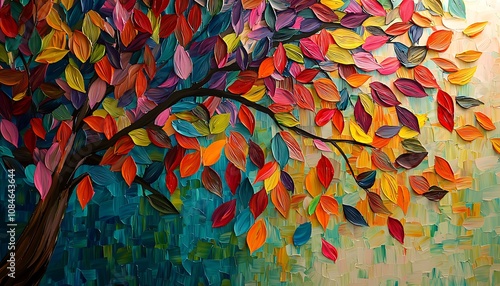 Elegant colorful tree with vibrant leaves hanging from branches. Bright color 3D abstraction wallpaper for interior mural painting.