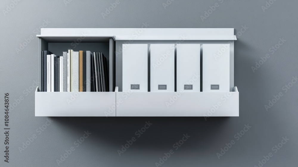 Modern white wall shelf with books and file boxes Modern white wall shelf with books and file boxes
