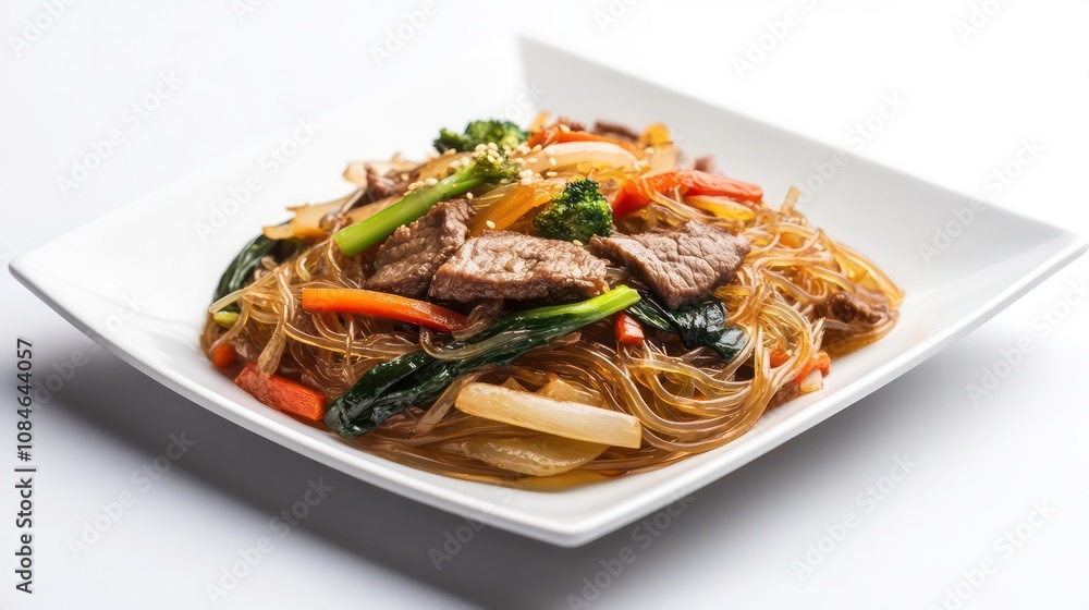 A beautifully plated serving of Korean japchae (stir-fried glass noodles) with vegetables, beef, and a savory sauce, set against a white backdrop to highlight the dish glossy appearance A beautifully plated serving of Korean japchae (stir-fried glass noodles) with vegetables, beef, and a savory sauce, set against a white backdrop to highlight the dish glossy appearance