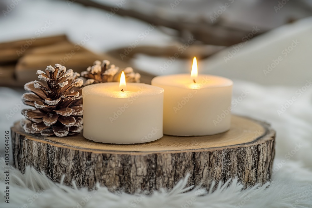 Warm ambiance created by lit candles on a rustic wooden stand adorned with pine cones. Warm ambiance created by lit candles on a rustic wooden stand adorned with pine cones.