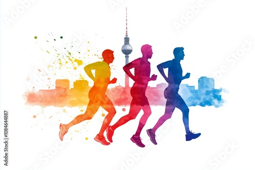 Colorful silhouettes of runners with the Berlin skyline and the iconic TV Tower in the background. Abstract design representing a marathon, fitness, and urban sports concept photo