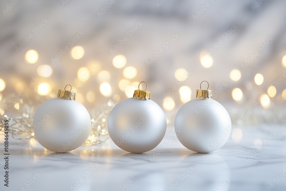 Three elegant white Christmas ornaments arranged neatly on a wooden table. Three elegant white Christmas ornaments arranged neatly on a wooden table.
