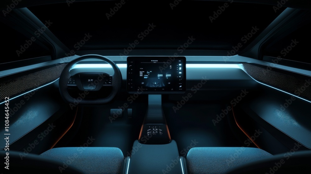 © musa - Modern car interior with digital dashboard and blue ambient lighting. © musa - Modern car interior with digital dashboard and blue ambient lighting.