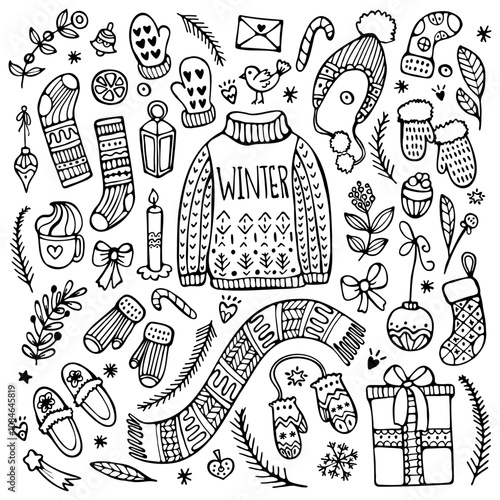 A set of hand-drawn black doodles of Christmas and winter elements: a knitted sweater, a scarf, socks, mittens, and other winter objects.