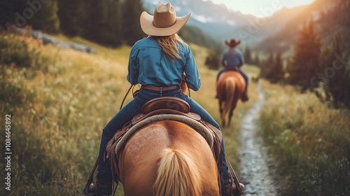 Cowgirls horseback riding on mountain trail at sunset.