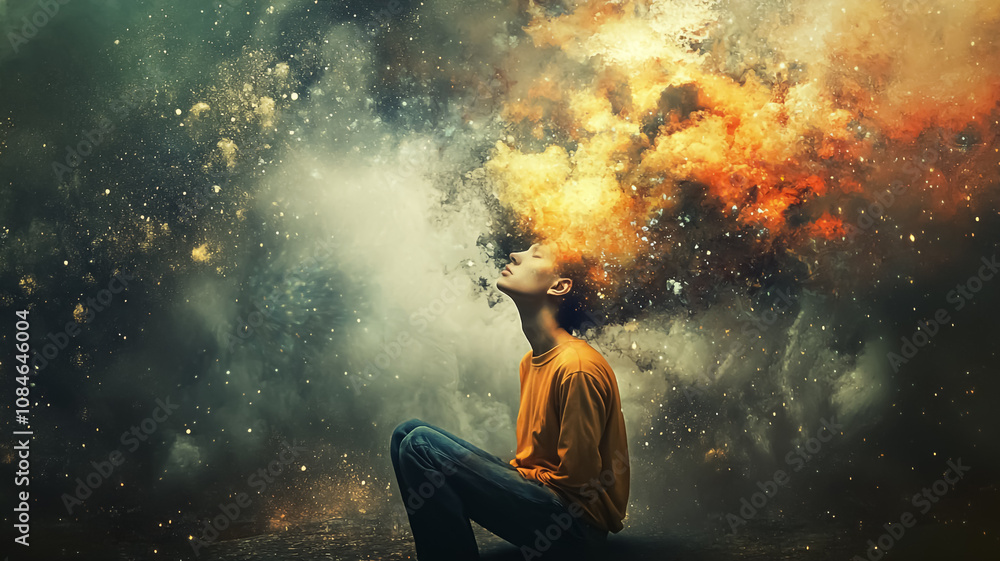 A human mind set against a cosmic background, featuring a detailed brain and face merging with the universe A human mind set against a cosmic background, featuring a detailed brain and face merging with the universe