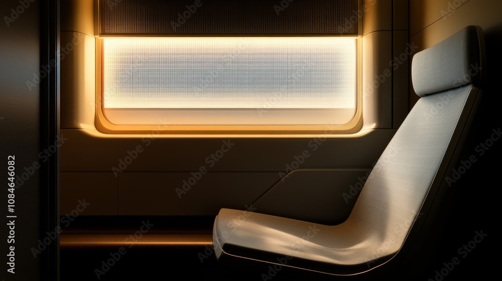 Fototapeta premium Modern, sleek, and comfortable seat in a private plane with a large window.