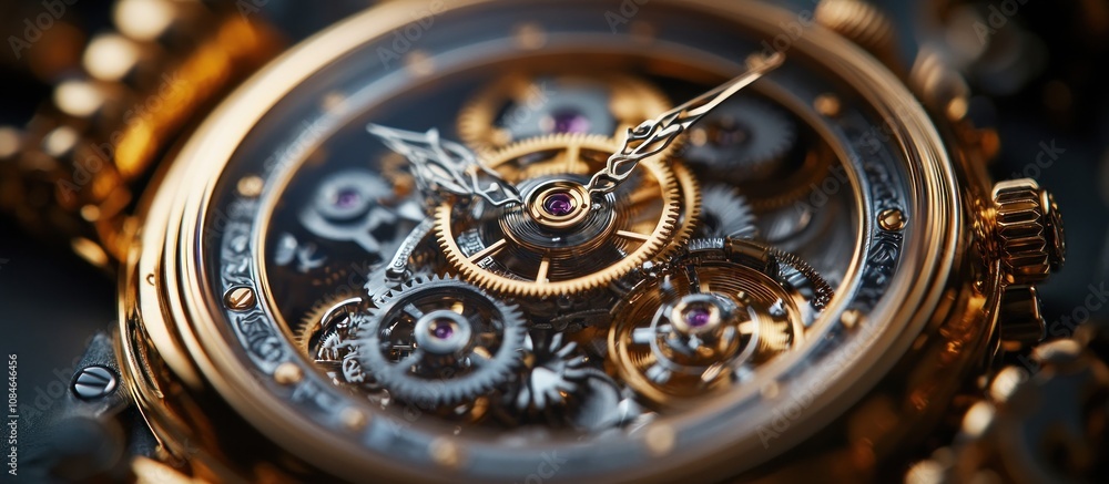 Close-up of a complex mechanical watch with gold details, showcasing the intricate gears and workings of the timepiece. Close-up of a complex mechanical watch with gold details, showcasing the intricate gears and workings of the timepiece.
