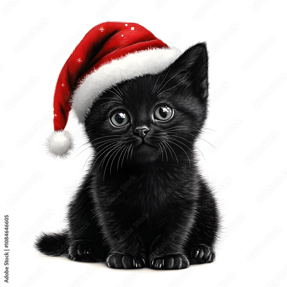 Cute cartoon cat with christmas sants claus hat on white background Cute cartoon cat with christmas sants claus hat on white background