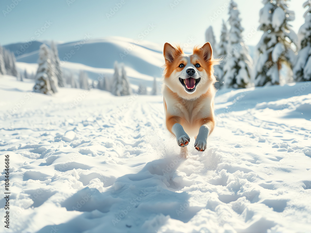 Happy dog running joyfully through fresh snow in a beautiful winter landscape with mountains in the background during a sunny day Happy dog running joyfully through fresh snow in a beautiful winter landscape with mountains in the background during a sunny day