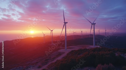 Aerial view of a wind farm with wind turbines during a colorful sunset.