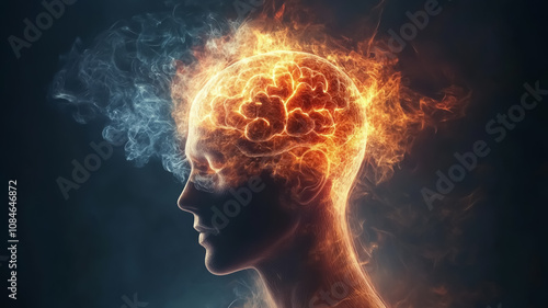 A human mind set against a cosmic background, featuring a detailed brain and face merging with the universe