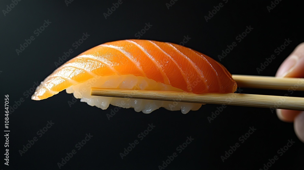 Salmon Nigiri Sushi Piece on Chopsticks, Close-up Shot Against Black Background Salmon Nigiri Sushi Piece on Chopsticks, Close-up Shot Against Black Background